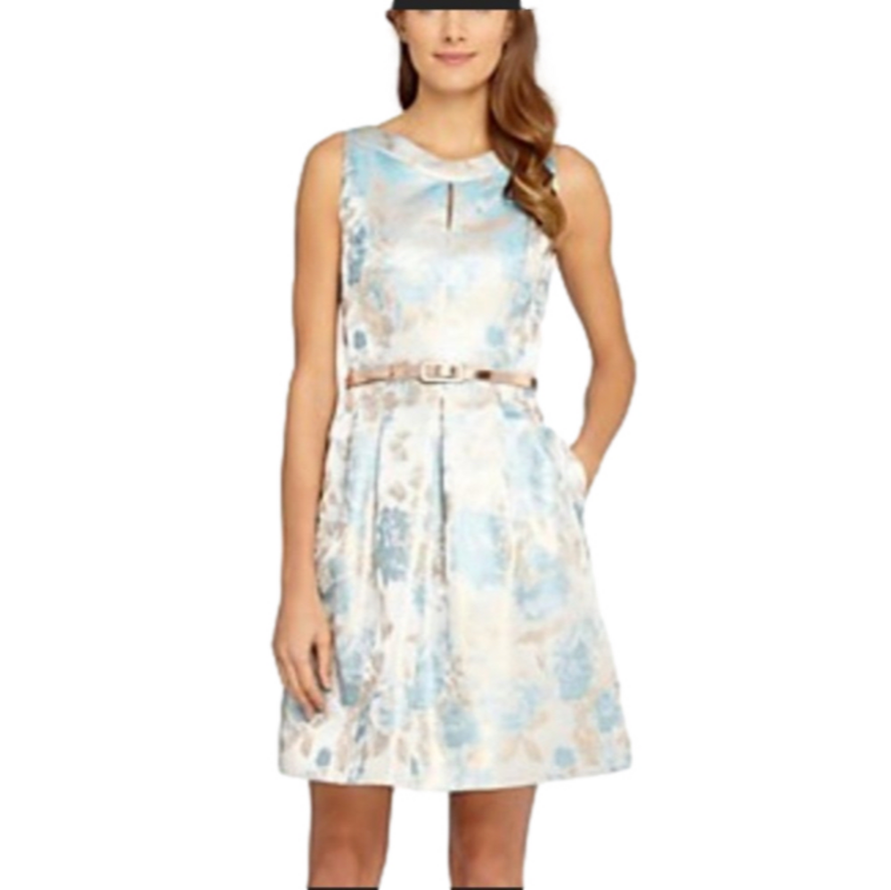 Tahari Dress 4 Gold Blue A Line Belt Party Wedding Event Holiday NWT $148